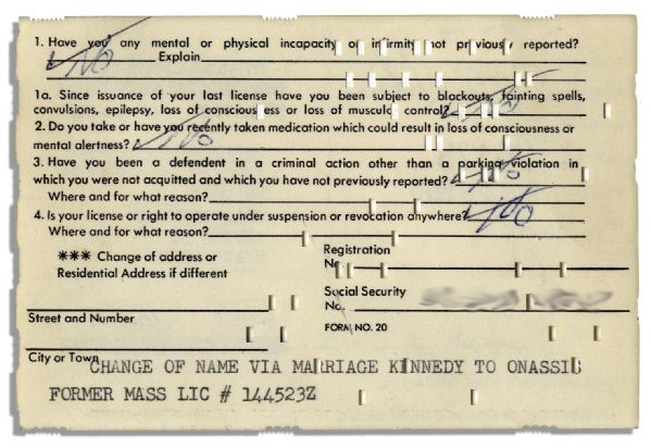 Driver License Application Signed & Filled Out by Jackie Kennedy Onassis When She Remarried & Took Onassis' Name in 1970