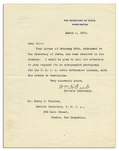 Secretary of State & Chief Justice Charles Evans Hughes Photo Signed
