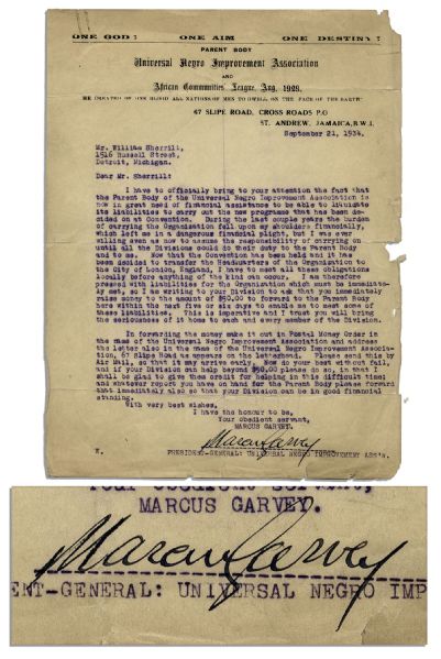 Marcus Garvey Letter Signed From 1934 -- On Universal Negro Improvement Association Stationery