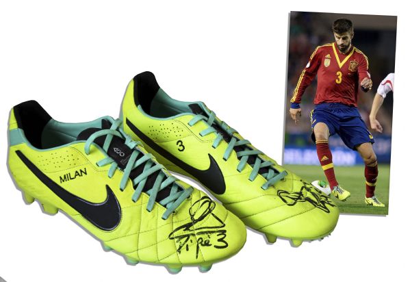 Gerard Pique Match-Worn Football Shoes Signed -- From the Match-up Dubbed ''El Clasico'' Between Barcelona & Real Madrid