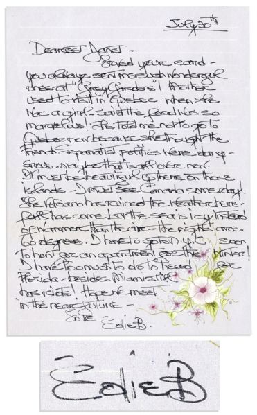 Socialite Edie Bouvier Beale Autograph Letter Signed -- ''...You always sent me such wonderful [cards] at 'Grey Gardens'!...I have to go to NYC soon to hunt for an apartment...''