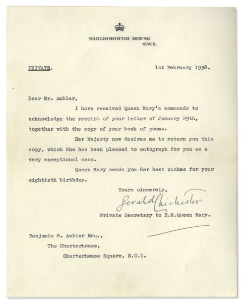 Book Signed by Queen Mary of Teck in 1938
