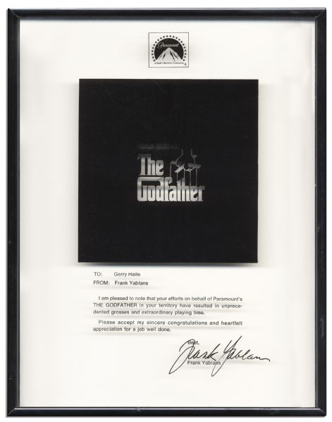 Unique Plaque From the President of Paramount Pictures for the Success of ''The Godfather'' -- ''...unprecedented grosses and extraordinary playing time...''
