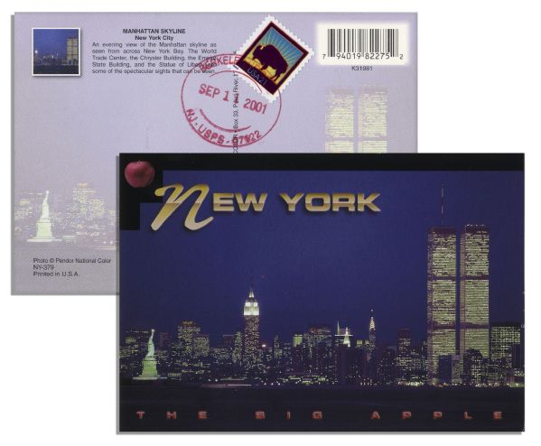 World Trade Center, New York City Full Color Postcard -- Postmarked 9/11/01