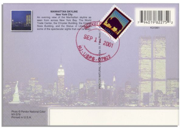 World Trade Center, New York City Full Color Postcard -- Postmarked 9/11/01