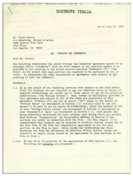 Diane Keaton ''Godfather'' Document Signed -- Pertaining to Her Work in ''The Godfather Part III'' in Italy