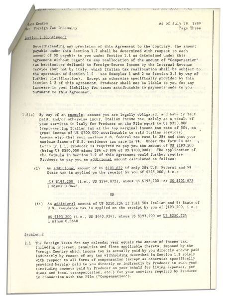 Diane Keaton ''Godfather'' Document Signed -- Pertaining to Her Work in ''The Godfather Part III'' in Italy
