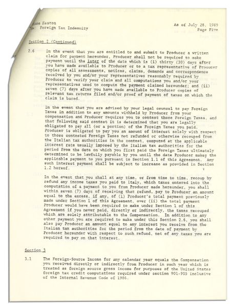 Diane Keaton ''Godfather'' Document Signed -- Pertaining to Her Work in ''The Godfather Part III'' in Italy