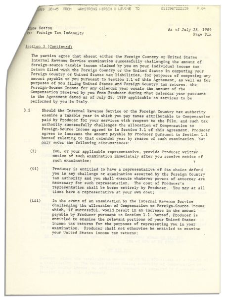 Diane Keaton ''Godfather'' Document Signed -- Pertaining to Her Work in ''The Godfather Part III'' in Italy