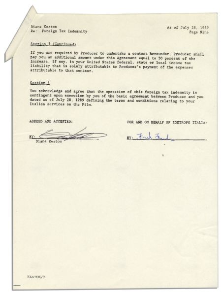Diane Keaton ''Godfather'' Document Signed -- Pertaining to Her Work in ''The Godfather Part III'' in Italy