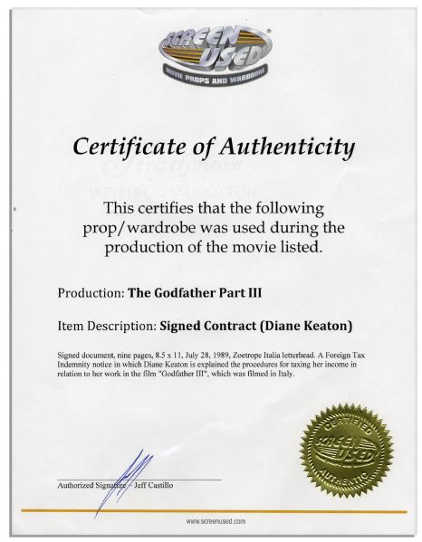 Diane Keaton ''Godfather'' Document Signed -- Pertaining to Her Work in ''The Godfather Part III'' in Italy