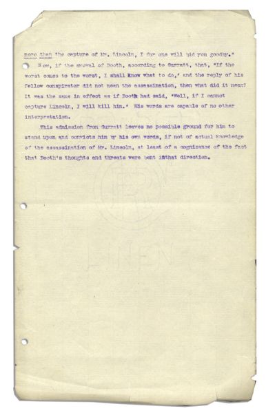 Drafted Chapter of ''A True History of the Assassination of Abraham Lincoln and of the Conspiracy of 1865'' -- By Louis Weichmann, Prosecution Witness at the Lincoln Assassination Trial