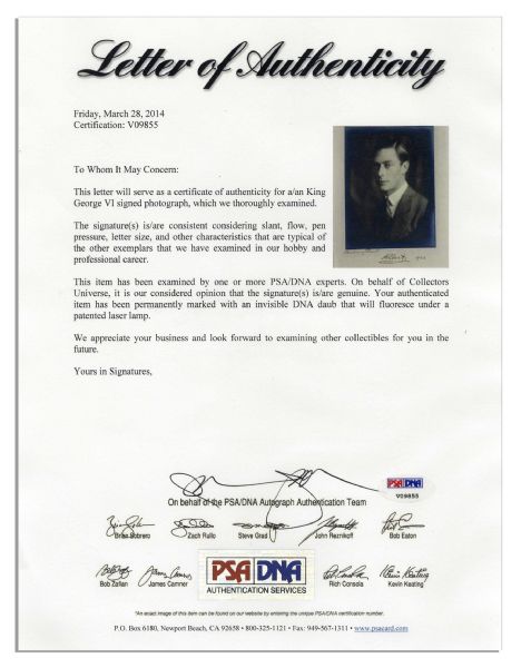 Photo Display Signed by King George VI as Prince Albert, Duke of York -- Also Signed by Portrait Photographer Bertram Park -- Dated 1926 -- With PSA/DNA