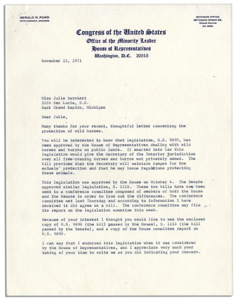 Gerald Ford 8'' x 10'' Photo Signed & Typed Letter Signed as Republican Minority Leader -- Ford Writes of ''...the protection of wild horses...''