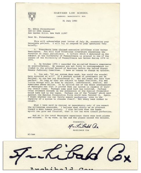 Watergate Prosecutor Archibald Cox Typed Letter Signed -- ''...in the total Watergate experience there were both pluses and minuses...in the end the pluses exceed the minuses...''