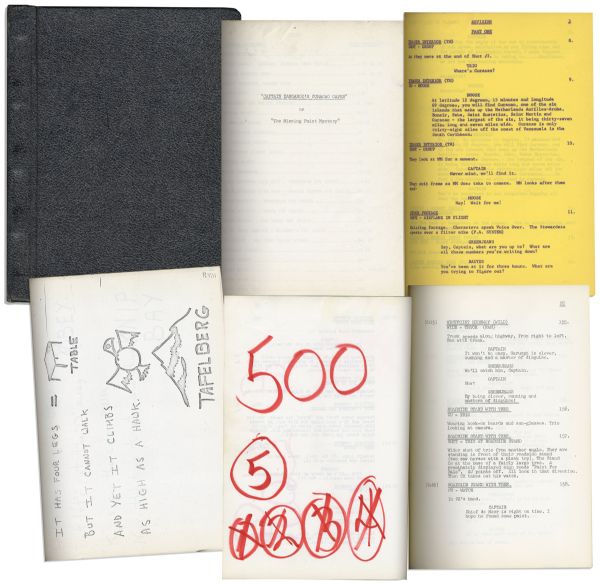 Script for Captain Kangaroo's Classic Episode ''Curacao Caper'' or ''The Missing Paint Mystery'' -- With Handwritten Notes & Drawings -- From The Personal Collection of Bob Keeshan