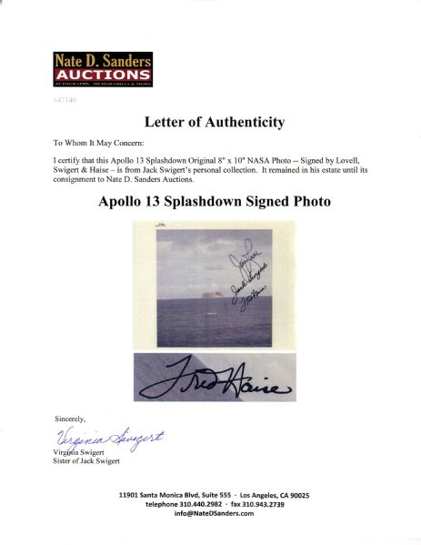 Jack Swigert's Personally Owned Apollo 13 Splashdown NASA Photo -- Signed by Lovell, Swigert & Haise