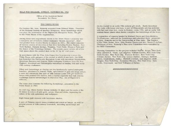 Press Release From 1961 Pertaining to Jackie Kennedy's Famous Renovation of the White House