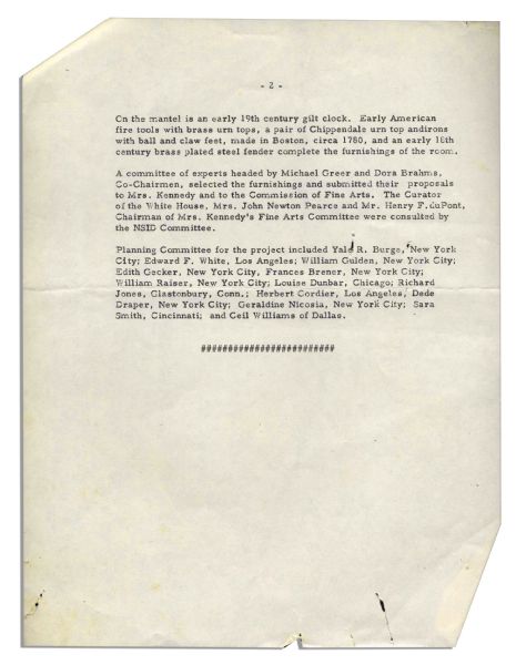 Press Release From 1961 Pertaining to Jackie Kennedy's Famous Renovation of the White House