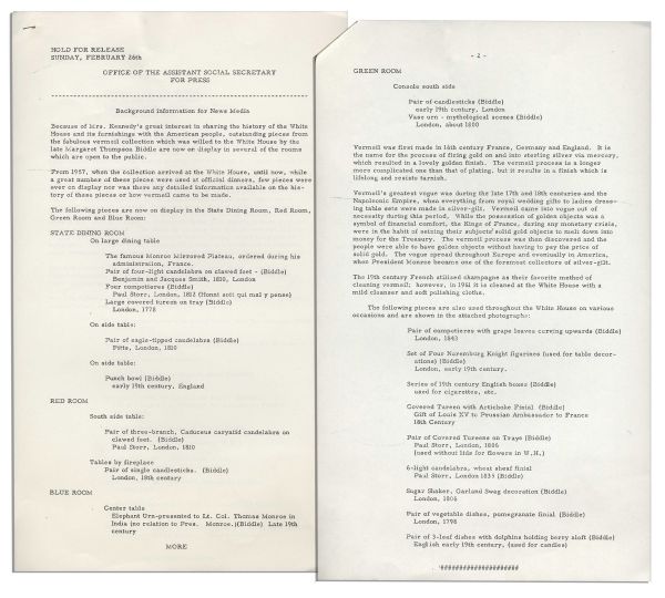 Press Release Pertaining to Jackie Kennedy's Famous Renovation of the White House -- ''...Outstanding pieces from the fabulous vermeil collection...''