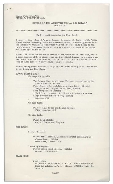 Press Release Pertaining to Jackie Kennedy's Famous Renovation of the White House -- ''...Outstanding pieces from the fabulous vermeil collection...''
