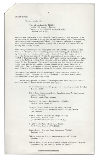 Press Release Pertaining to Jackie Kennedy's Famous Renovation of the White House -- ''...Outstanding pieces from the fabulous vermeil collection...''