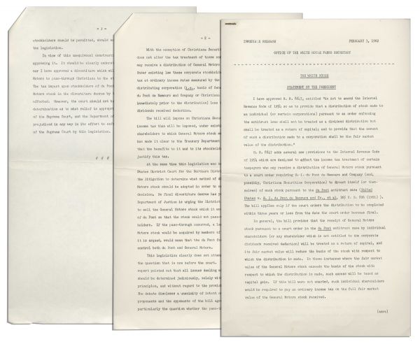 White House Press Release From 1962 Announcing President Kennedy's Approval of Bill H.R. 8847, Amending the Internal Revenue Code of 1954