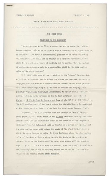 White House Press Release From 1962 Announcing President Kennedy's Approval of Bill H.R. 8847, Amending the Internal Revenue Code of 1954