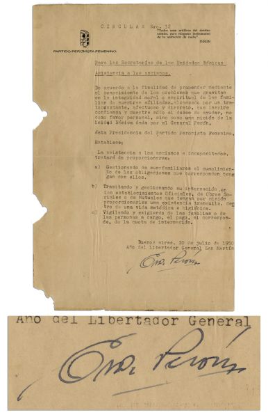 First Lady of Argentina Eva Peron 1950 Circular Signed