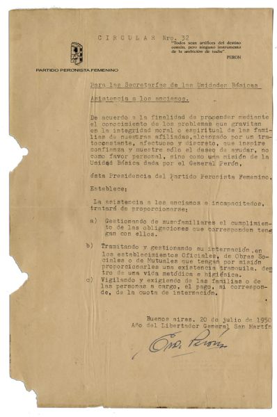 First Lady of Argentina Eva Peron 1950 Circular Signed