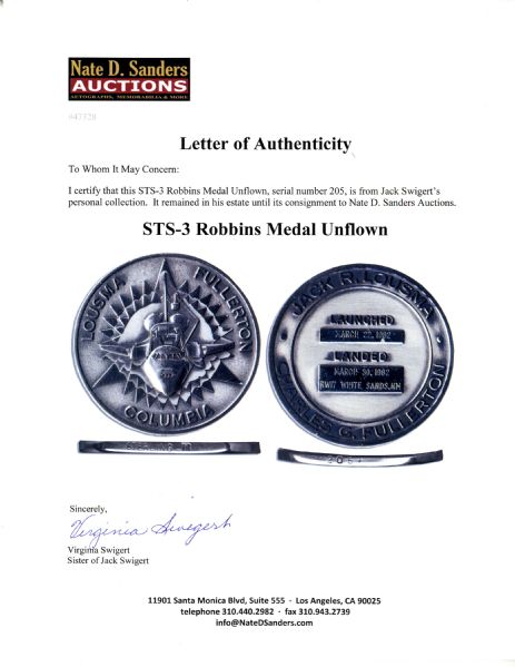 Jack Swigert's Personally Owned STS-3 Robbins Medal Unflown, Serial Number 205