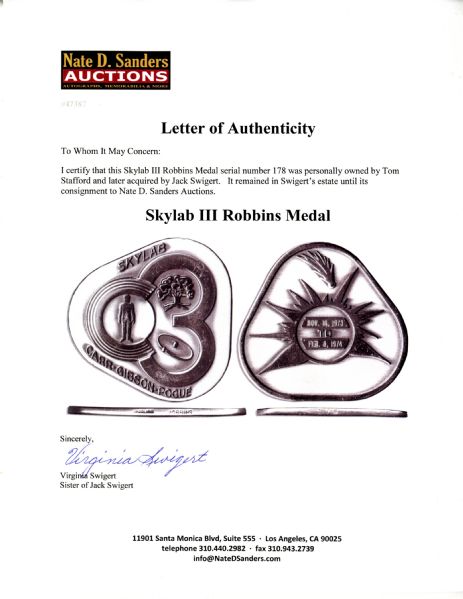 Jack Swigert Personally Owned Skylab III Unflown Robbins Medal