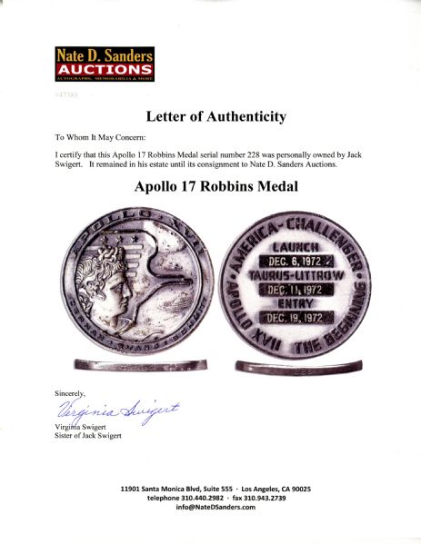 Jack Swigert's Own Apollo 17 Unflown Robbins Medal, Serial Number 228