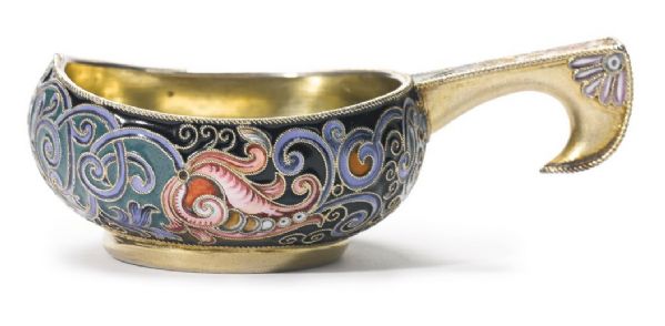 Intricate Faberge Silver & Cloisonne Enamel Kovsh, Dating to 1899-1908