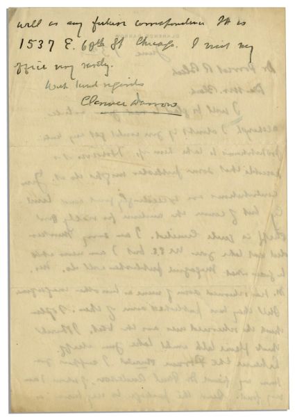 Clarence Darrow Autograph Letter Signed Regarding Prohibition -- ''...I doubt if you would get any anti-prohibitionists to take them up...''