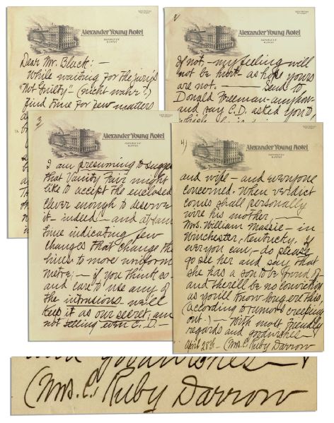 Letters by Clarence Darrow's Wife Regarding the Massie Trial -- ''...we both are 'sold' to your Kentucky-ian, 'Tommy' Massie. No finer fellow ever sat in a witness chair for himself...''