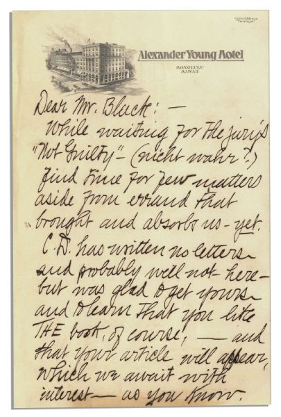 Letters by Clarence Darrow's Wife Regarding the Massie Trial -- ''...we both are 'sold' to your Kentucky-ian, 'Tommy' Massie. No finer fellow ever sat in a witness chair for himself...''