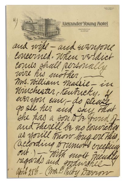 Letters by Clarence Darrow's Wife Regarding the Massie Trial -- ''...we both are 'sold' to your Kentucky-ian, 'Tommy' Massie. No finer fellow ever sat in a witness chair for himself...''