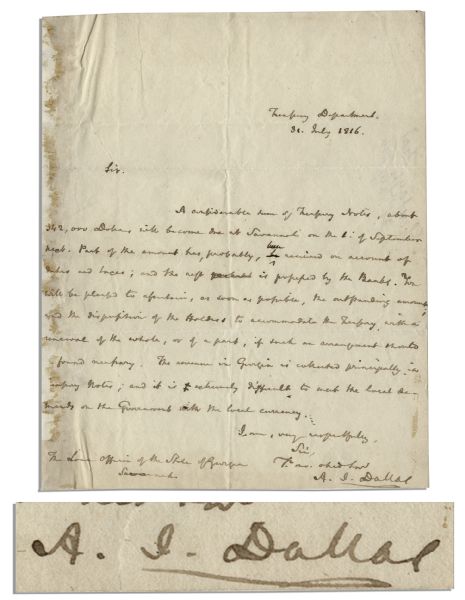 Rare Alexander J. Dallas Autograph Letter Signed as Secretary of The Treasury
