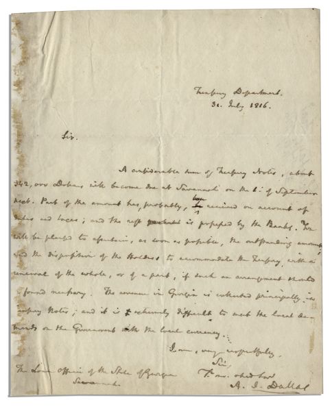 Rare Alexander J. Dallas Autograph Letter Signed as Secretary of The Treasury