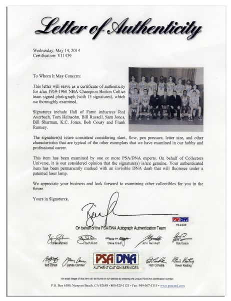 World Champion 1960 Boston Celtics Team-Signed 14'' x 11'' Photo -- With PSA/DNA COA