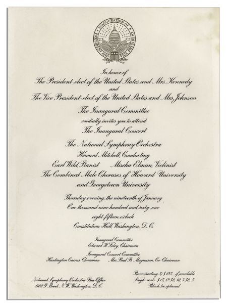 John F. Kennedy Inauguration Lot -- Invitation & Program for the Inauguration Itself, Plus an Invitation to the Inaugural Concert