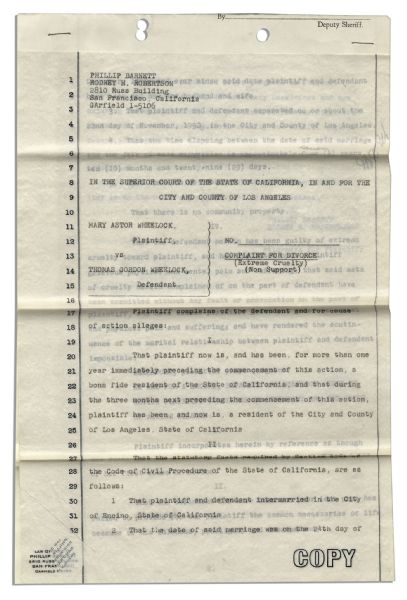 Mary Astor Divorce Papers Signed, Citing ''Extreme Cruelty'' -- ''...because of his idleness, profligacy and dissipation...''