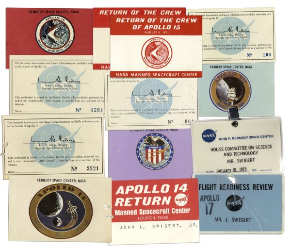 Jack Swigert Personally Owned NASA Lot of Apollo Badges, Launch Tickets & Return Passes