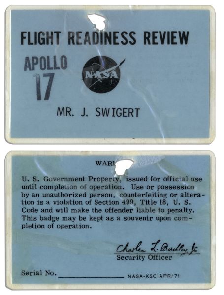 Jack Swigert Personally Owned NASA Lot of Apollo Badges, Launch Tickets & Return Passes