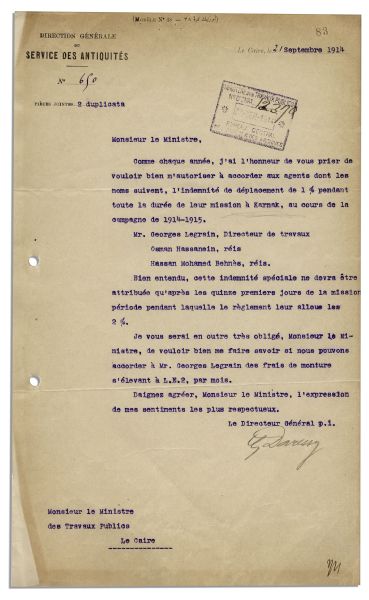 Egyptologist Georges Daressy Typed Letter Signed From 1914 Pertaining to The Karnak Site