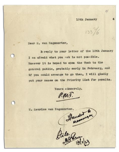 Letter From The Egyptian Government Regarding King Tut's Tomb the Year After Its Discovery -- ''...it is hoped to open the Tomb to the general public...''