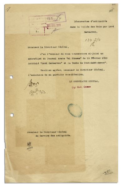 1923 Letter Regarding King Tut's Tomb -- ''...a snippet from the Arabic Journal 'Al Siassa'...entitled 'Lord Carnarvon and the Tomb of Tout-Ankh-Amun...''