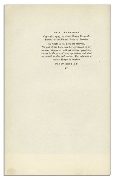 Eleanor Roosevelt Signed First Edition of Her Book, ''This I Remember''