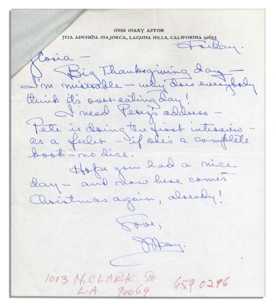 Mary Astor Autograph Letter Signed
